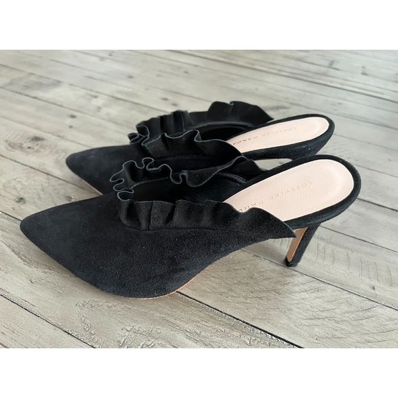 NWOB Loeffler Randall Langley Suede Ruffle Mule Slide Heels Size 9 Black - Picture 2 of 8
